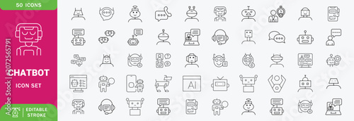 Chatbot icon set. Contain icons related to chatbot, support, virtual assistant, creative ai, communication, and more. editable stroke. Vector illustration