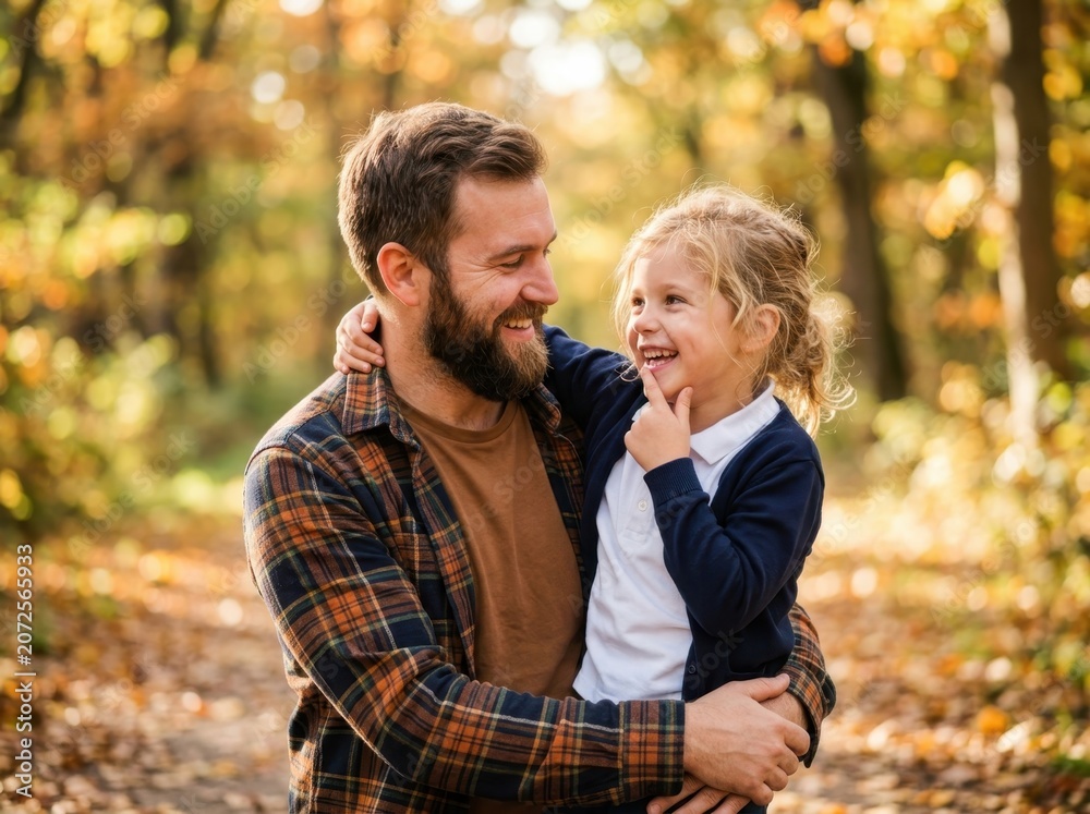 Fototapeta premium A father and his daughter sharing a joyful embrace in an autumnal forest setting.