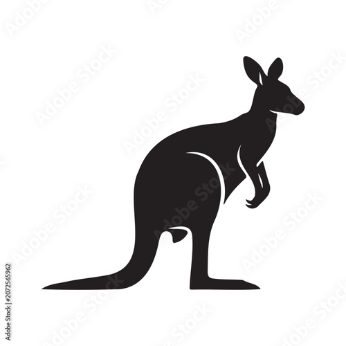 Black silhouette of a kangaroo standing, isolated on white background, vector illustration.
