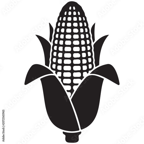 Black silhouette illustration of an ear of corn with leaves, isolated on white background.