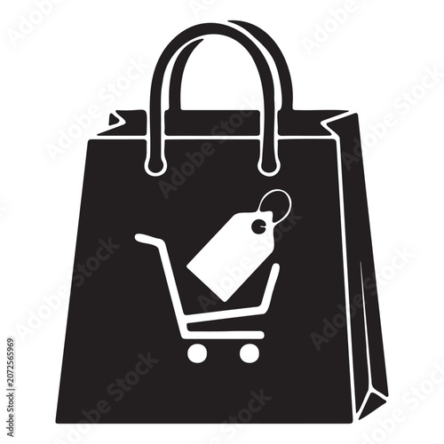 Black shopping bag with white shopping cart and tag icon on a plain white background, symbolizing online shopping and retail.