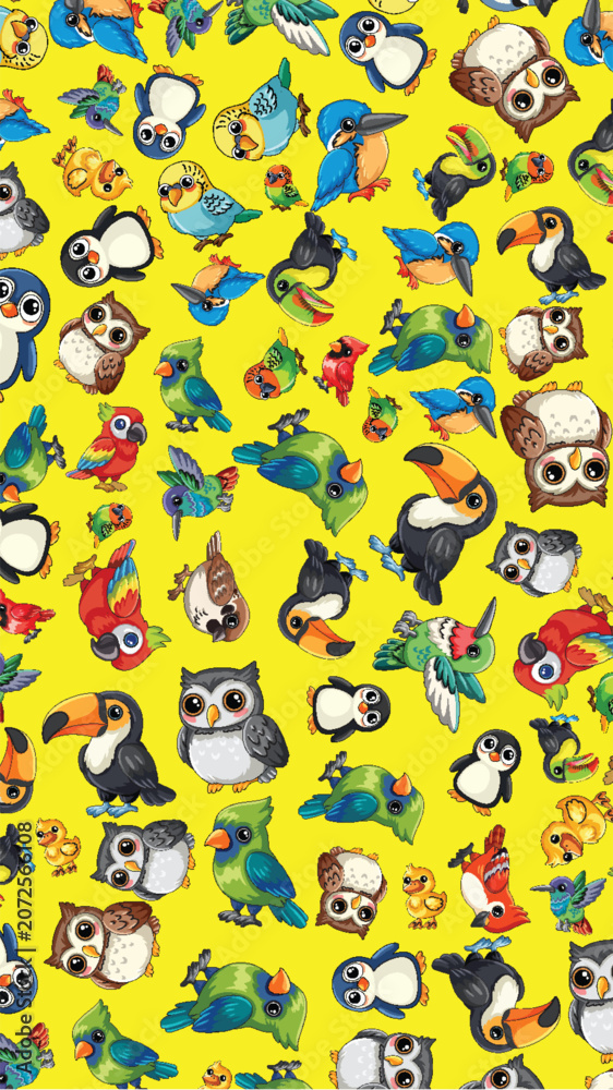 Obraz premium Seamless Vector Pattern of Colorful Cartoon Birds on Yellow Background