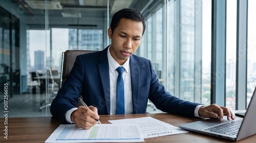 30 years old man executive manager or business owner reading paper working on computer. Busy older professional businessman entrepreneur using laptop looking bill corporate document in office.