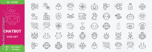Chatbot icon set. Contain icons related to chatbot, support, virtual assistant, creative ai, communication, and more. editable stroke. Vector illustration