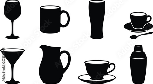 Foto Drinkware Silhouette Collection with Glasses Cups Mug Pitcher and Cocktail Shake