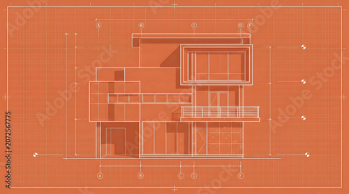 Modern multi story villa architectural front elevation design on orange blueprint grid background
