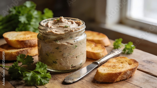Rustic Jar of Creamy Pate with Toasted Bread and Fresh Parsley