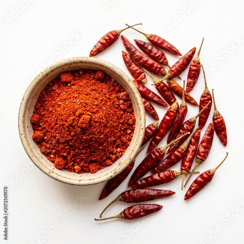 Ceramic Bowl Vivid Red Chili Powder Scattered Dried Chilies.