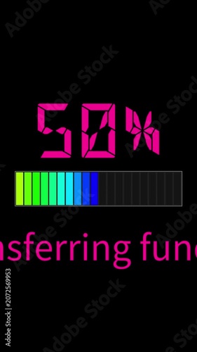 progress bar with percentage from 0 to 100 showing transferring funds text and transaction message