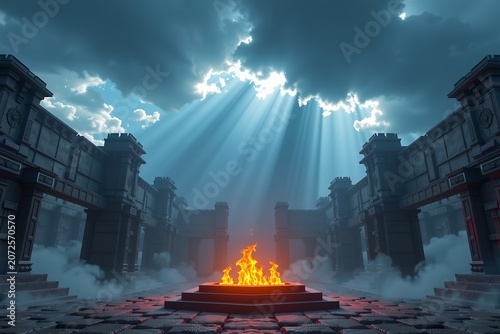 Dramatic Fantasy Arena with Flames and Cloudy Sky Illumination