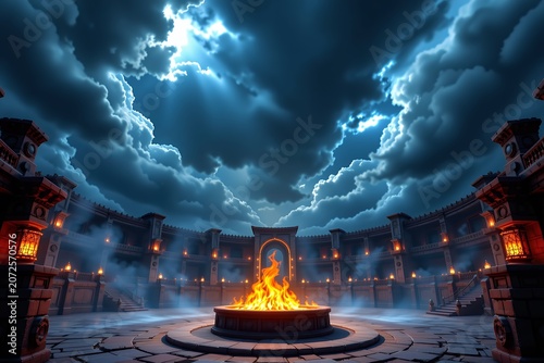Epic Fantasy Arena with Dramatic Skies and Fiery Centerpiece