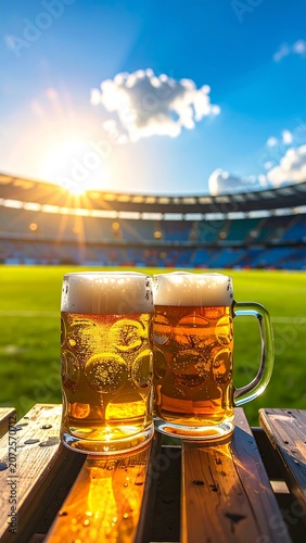 Two frothy beer steins on a wooden table, stadium backdrop