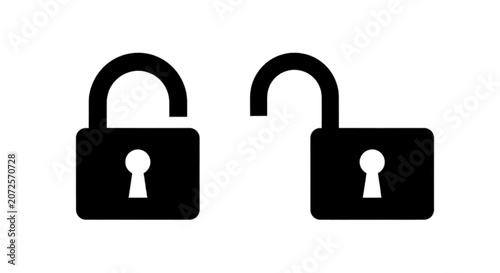 Minimal black silhouette icon, simple flat vector, bold black shape, no, no shading set of two black padlock icons, one locked and one unlocked on a, flat icon style