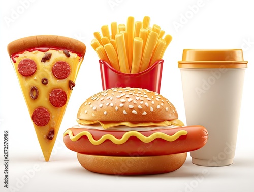 Fast food meal with burger fries pizza.