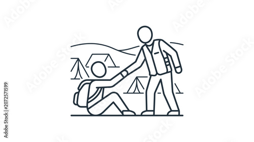 Hiker helping friend climb steep hill near campsite.
