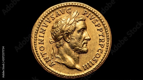 Ancient roman gold coin featuring the portrait of emperor antoninus pius, detailed profile view of the roman ruler with laurel wreath, numismatic historical artifact