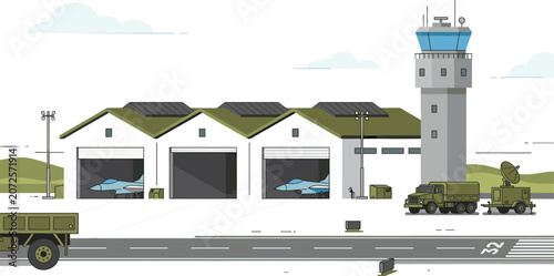Bild auf Leinwand Military Airbase Infrastructure with Aircraft Hangars Control Tower and Runway I
