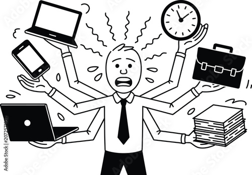 Stressed businessman multitasking with multiple arms, overwhelmed office worker juggling laptop clock and paperwork, black and white line art vector
