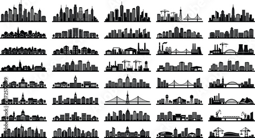 Fotografie Modern city skyline silhouettes big vector set with urban buildings skyscrapers