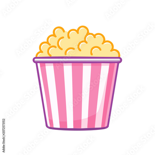 Flat illustration of a striped popcorn bucket with popcorn