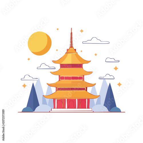 Flat vector illustration of a pagoda with sun and clouds