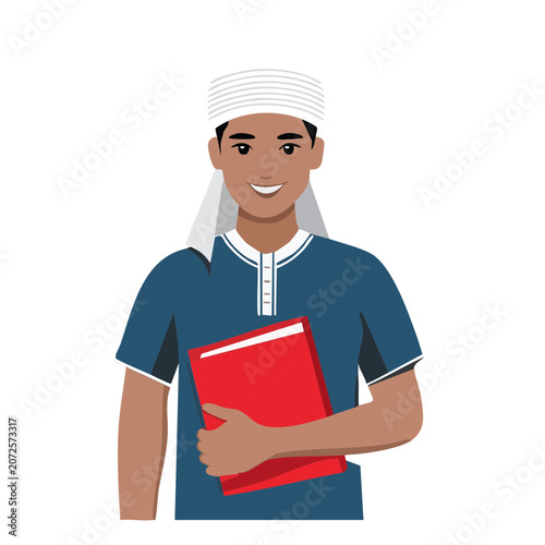 Man holding red book in flat vector style