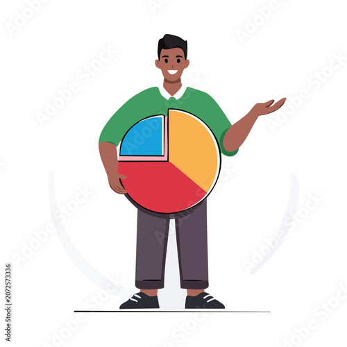 Man holding colorful pie chart in flat vector style