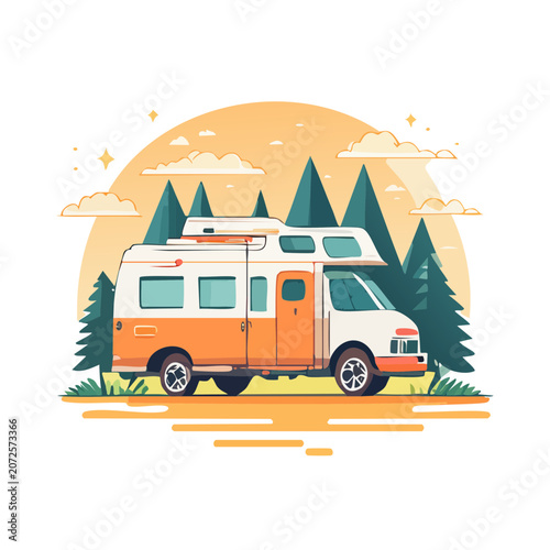 Orange camper van in forest illustration