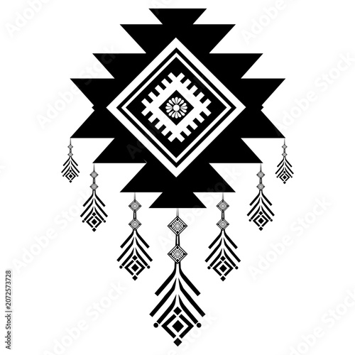 Bold tribal geometric ornament featuring a diamond motif with decorative hanging elements.