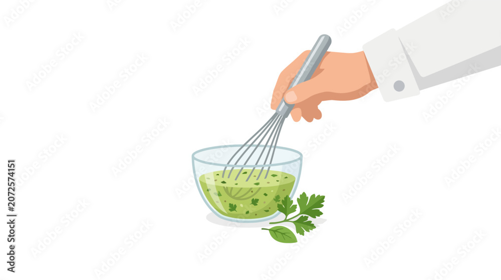Fototapeta premium Professional chef hand whisking fresh herb sauce in a glass bowl flat design vector illustration