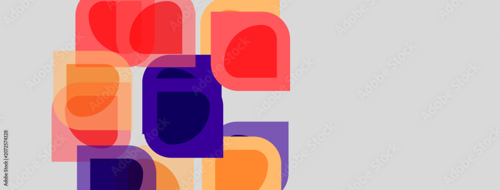 Fototapeta premium Abstract geometric shapes overlap, creating vibrant color blends. Purple, orange, red hues dominate neutral background. Modern design.