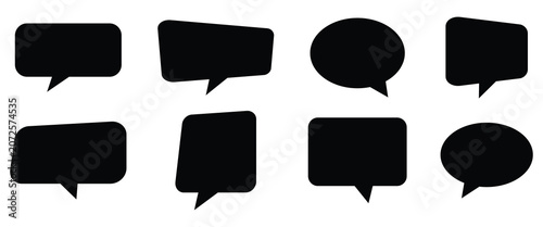 Collection of eight different blank black speech bubble outlines including square round cloud and overlapping shapes for text. eps10
