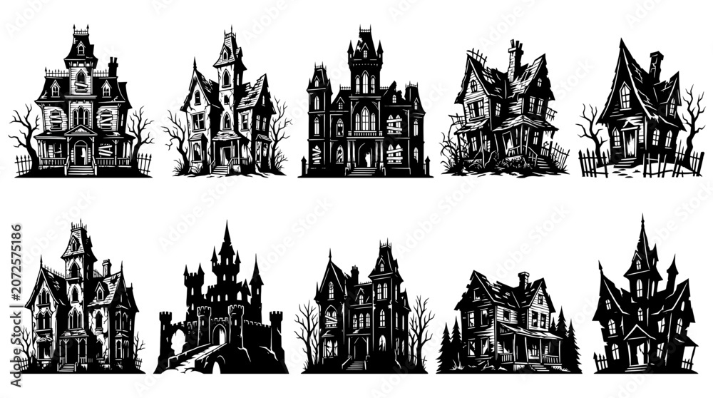 Obraz premium Set of haunted houses, spooky mansions, and gothic castles for halloween design elements