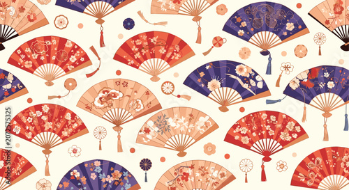 Exquisite seamless pattern of traditional oriental folding hand fans decorated with elegant cherry blossoms and flowers.