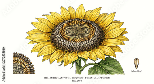 Vibrant sunflower botanical illustration with green leaf