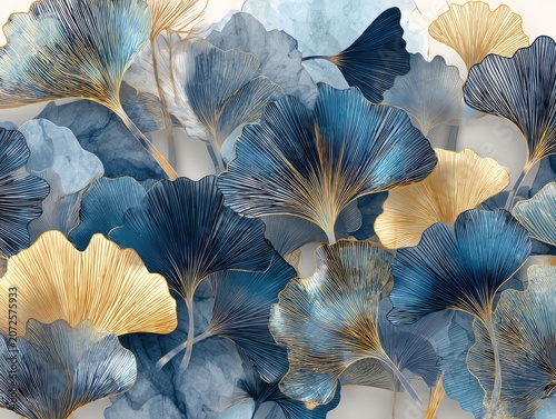 Blue and gold ginkgo leaves background.