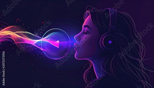 A woman enjoying music, with vibrant colors emerging from her face