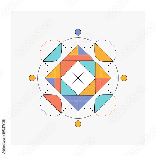 Geometric mandala with colorful shapes and starburst