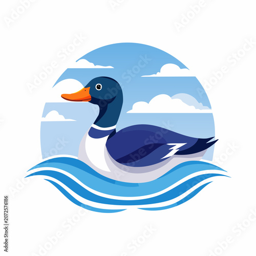 Illustration of a Mallard Duck swimming in water with clouds and blue sky
