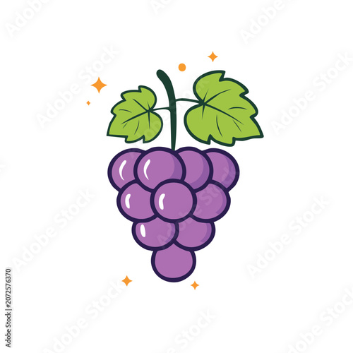 Purple Grape Cluster with Green Leaves Vector Illustration