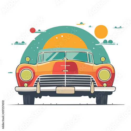 Vintage Car Front View with Sunset Background