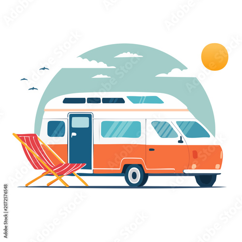 Flat vector illustration of orange camper van on road