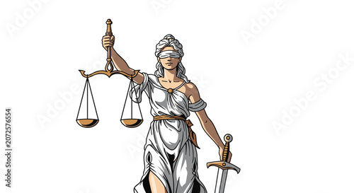 Classic cartoon illustration of Lady Justice holding a golden scale and a sword while wearing a white blindfold.
