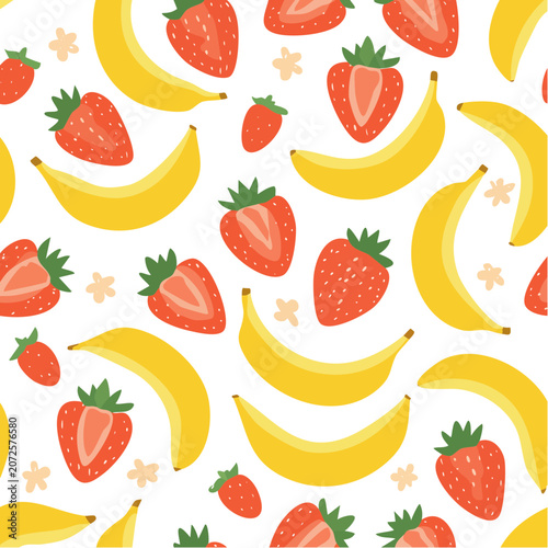 Flat vector strawberry pattern with leaves