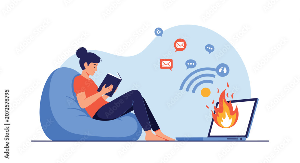 Obraz premium Young woman sits comfortably in a bean bag chair reading a physical book while ignoring her laptop on fire with digital notifications.