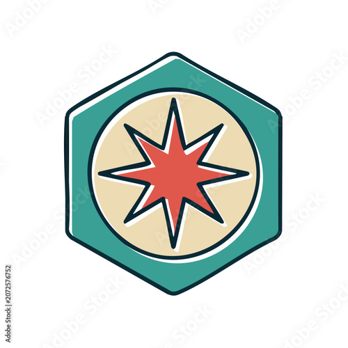 Red star in teal hexagon badge vector icon
