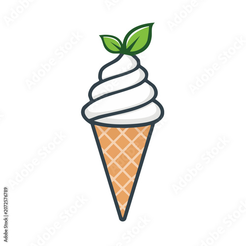 Soft Serve Ice Cream in Waffle Cone with Leaf