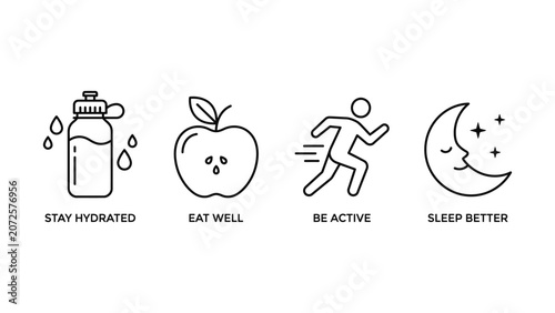 Healthy lifestyle icons for wellness and fitness.