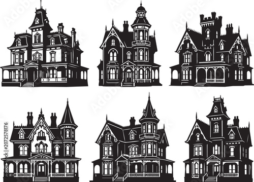 Tableau sur toile Premium Halloween Victorian House Collection Silhouette Bundle Featuring Gothic