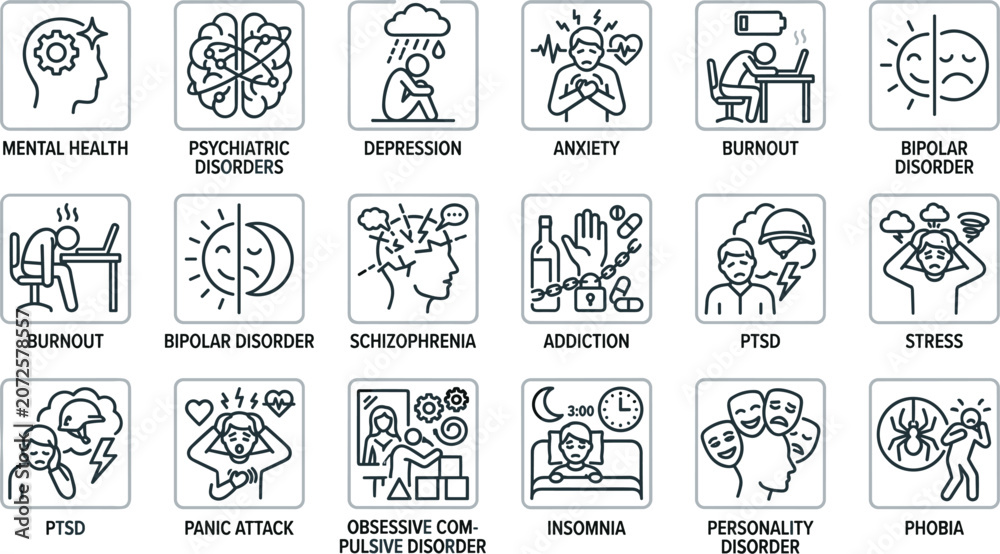 Fototapeta premium Set of mental health and psychiatric disorder icons with simple illustrations